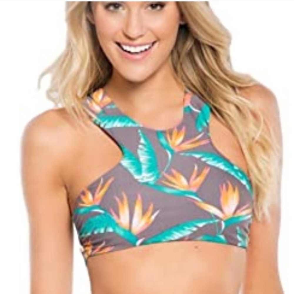 Tori Praver Birds Of Paradise Gray Turquoise Strappy Bikini Top Large